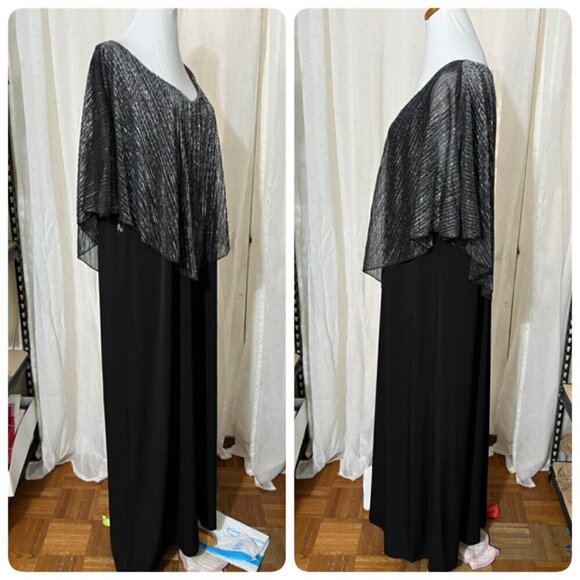Connected Plus Size Metallic Cape-Overlay Gown Sz 18W in Black Silver - Picture 3 of 8
